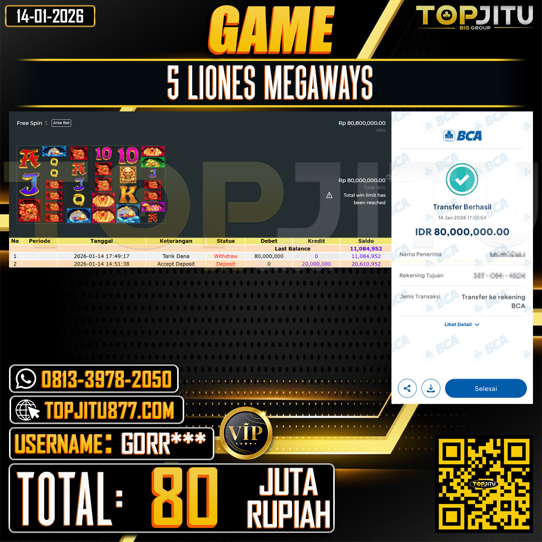     TOPJITU JACKPOT SLOT  5 LIONES MEGAWAYS Rp.80.000.000 ,- LUNAS USER ID: GORR***