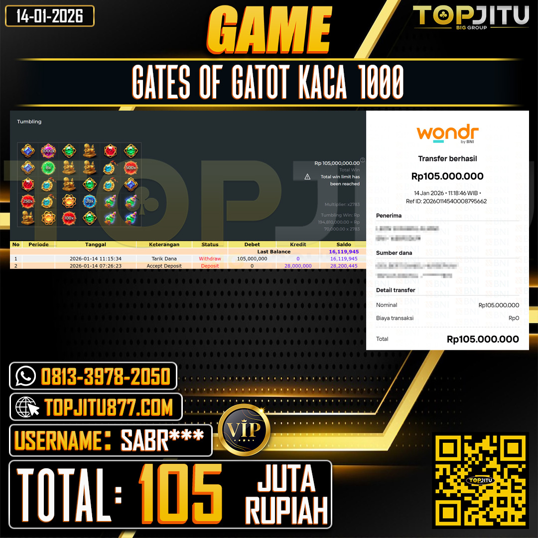     TOPJITU JACKPOT SLOT GATES OF GATOT KACA SUPER SCATTER Rp.105.000.000 ,- LUNAS USER ID: SABR***