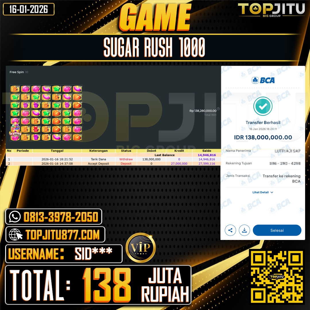    TOPJITU JACKPOT  SLOT SUGAR RUSH 1000 Rp.138.000.000 ,- LUNAS USER ID: SID***