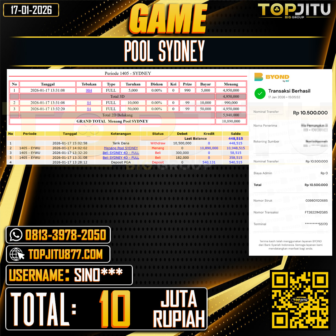    TOPJITU JACKPOT  TOGEL PASARAN SYDNEY  Rp.10.000.000 ,- LUNAS USER ID: SINO***
