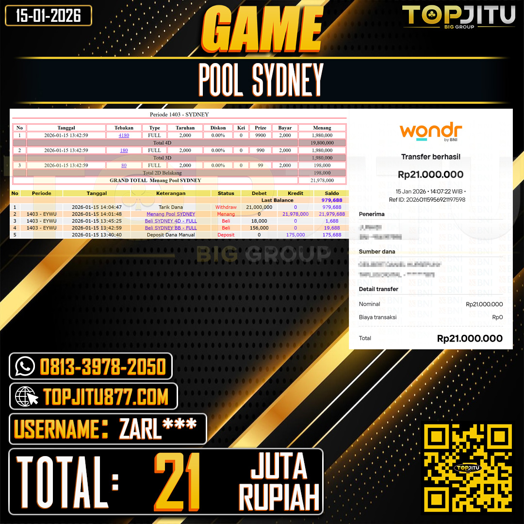   TOPJITU JACKPOT  TOGEL PASARAN  SYDNEY Rp.21.000.000 ,- LUNAS USER ID: ZARL***